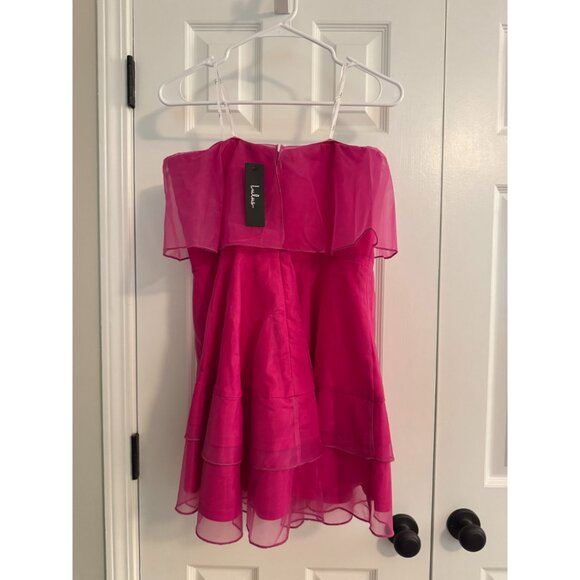 Lulus Magenta Organza Ruffled Strapless Mini Dress Pink - Size L - Picture 5 of 7